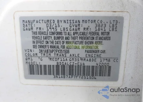 2015 Nissan Sentra S z USA, uszkodzony, nr VIN 3N1AB7AP7FY251506